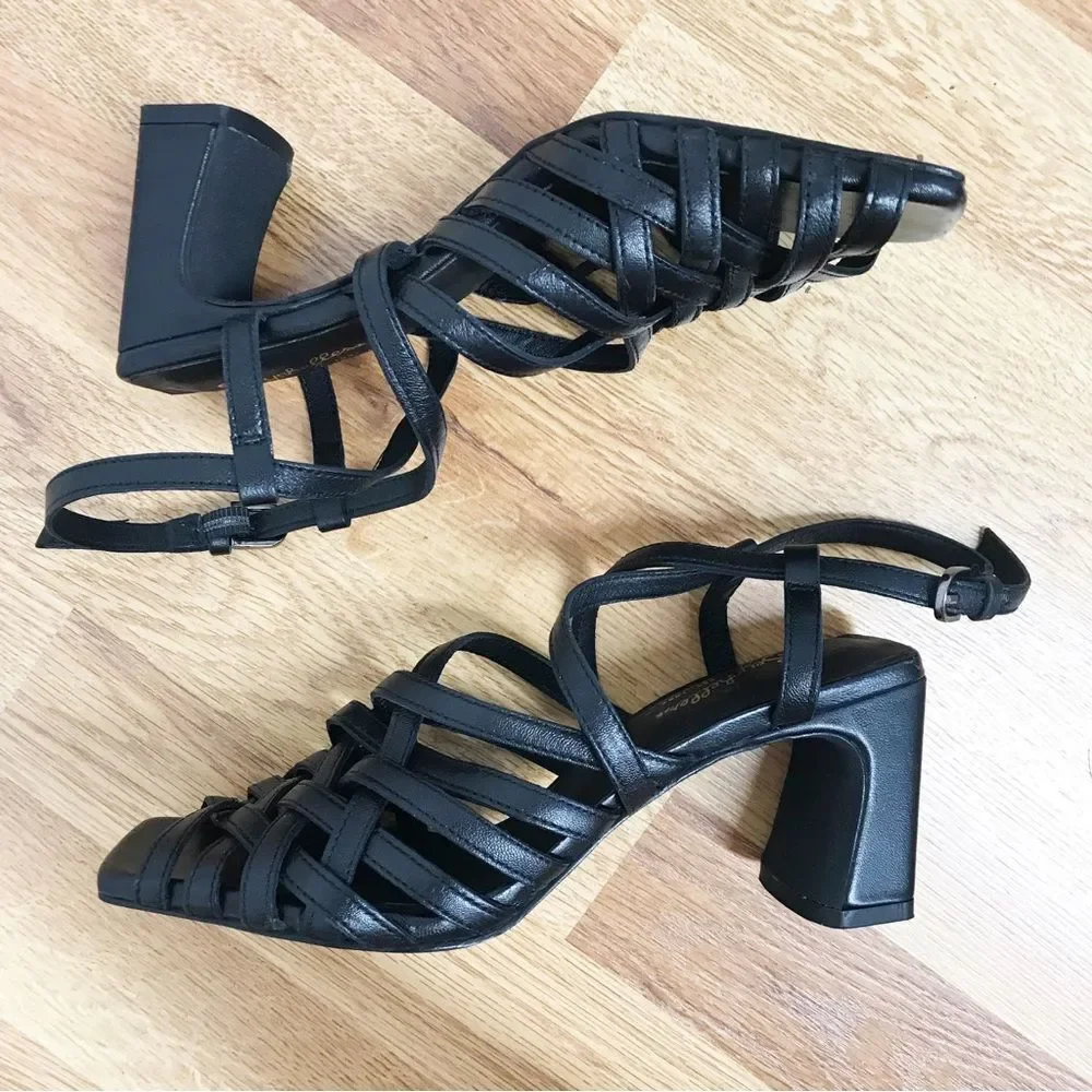 New SEYCHELLES‎ Braided Black Leather Chunky Heel Sandal Strappy Woven Size 6